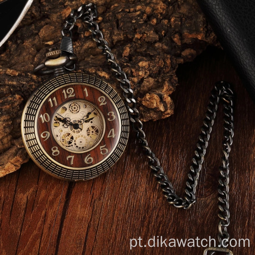 Relógio de bolso mecânico vintage com círculo de madeira esculpido com mostrador numérico masculino exclusivo oco Steampunk bronze relógio mecânico de corrente